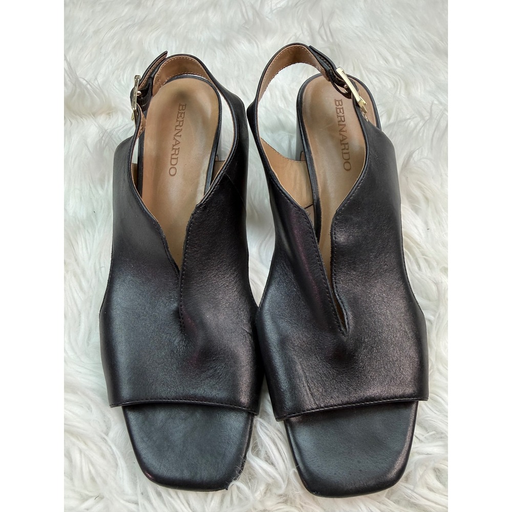 Bernardo Bedford Sling Back Pumps Black Leather Block Heel Sandals Size 8.5 M